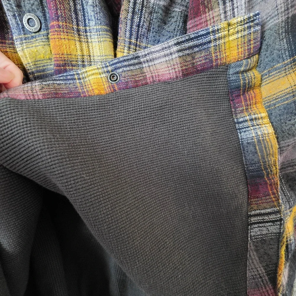 Prana Mens XL Plaid Flannel Shirt Jacket Thermal Lined Snap Front Purple Yellow